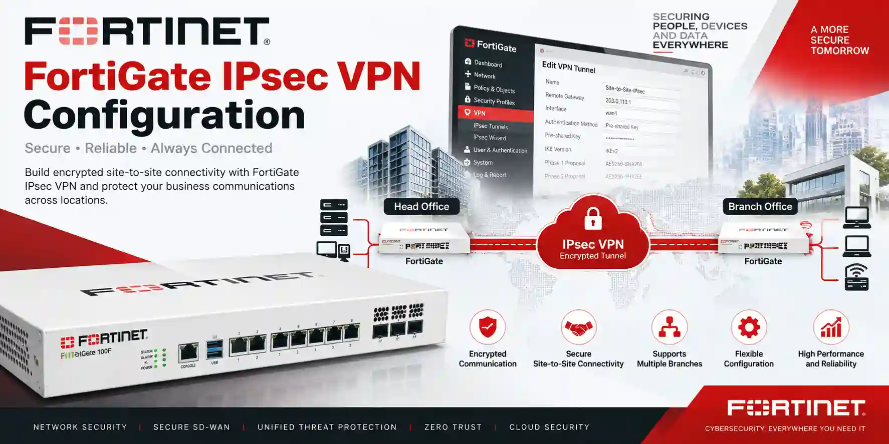 FortiGate IPsec VPN configuration concept linking head office and branch office